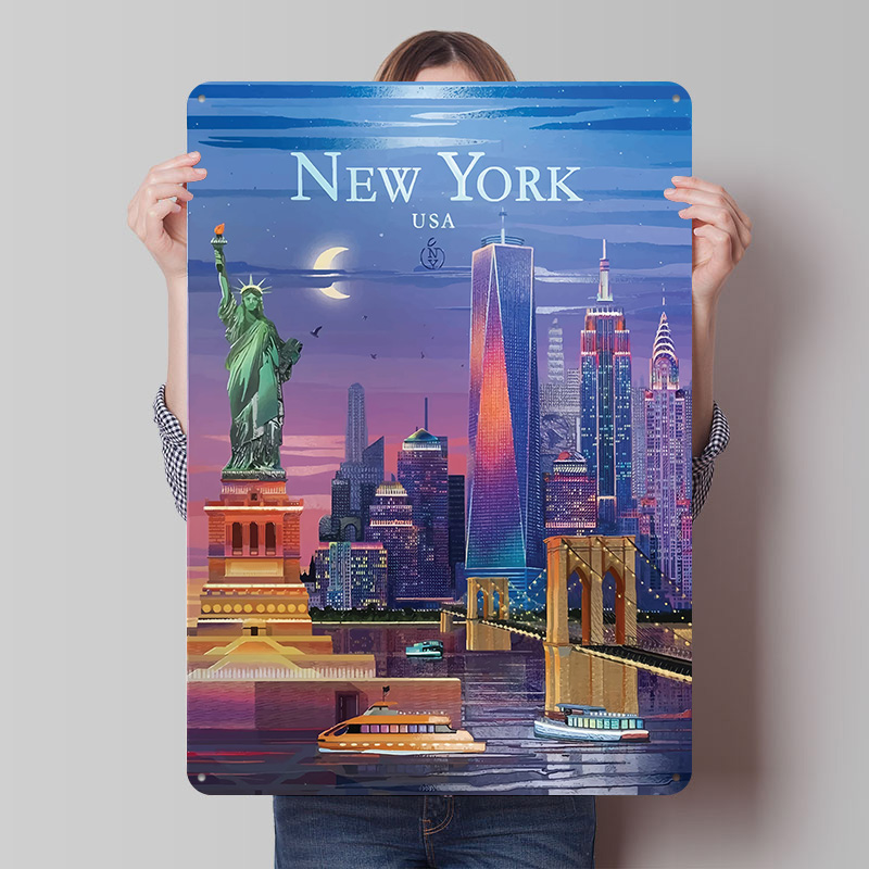 Retro Gaming York - Plakat z panoramą Nowego Jorku, metalowy,