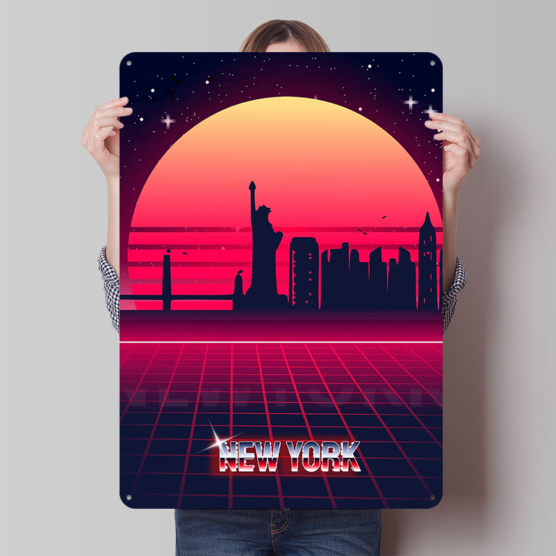 Retro Gaming York - Metalowy plakat z panoramą Nowego Jorku,