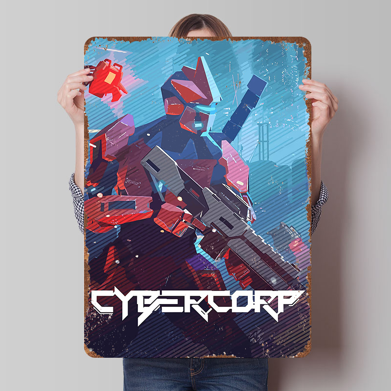 Retro Gaming Gun - Cyberpunkowy Robot z Bronią Metalowy Plakat